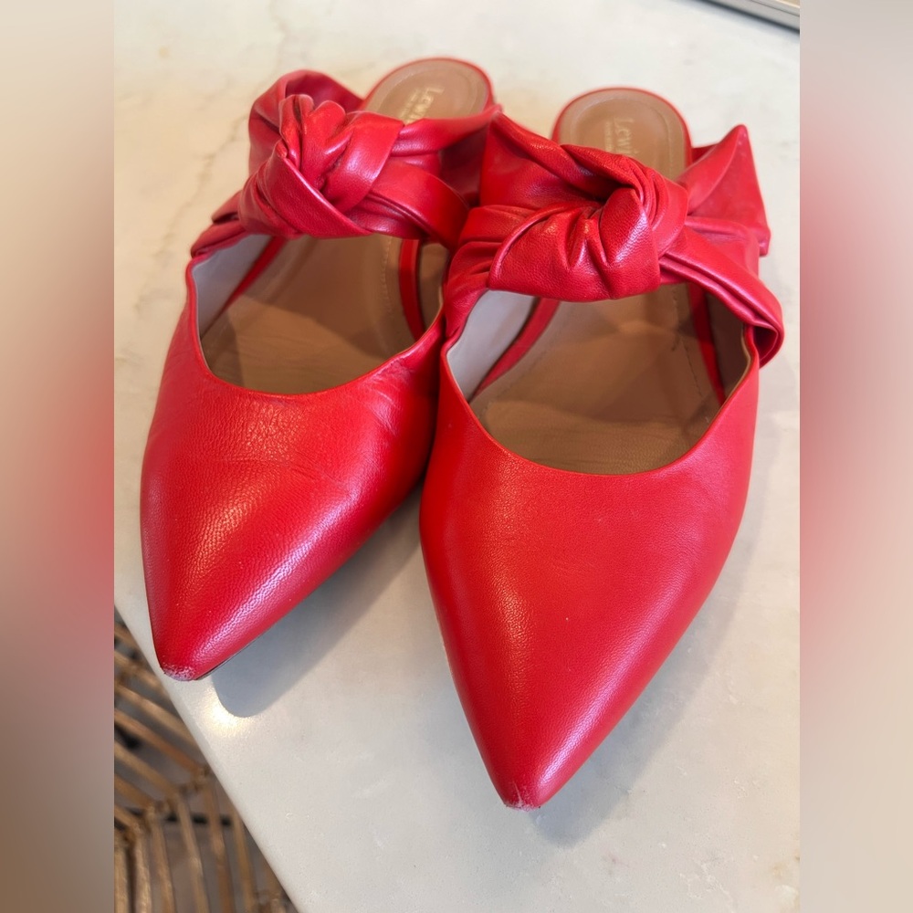 Lewit Cara Bow Made in Italy Red Pointy Mules pumps flats buttery soft leather